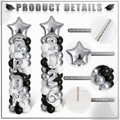 2 Sets Graduation Balloon Column Stand Kits with Balloons 2026 Grad Themed Decoration Navy Blue Balloon Tower Stand Kit for Grad High School & College Celebration Party Decor