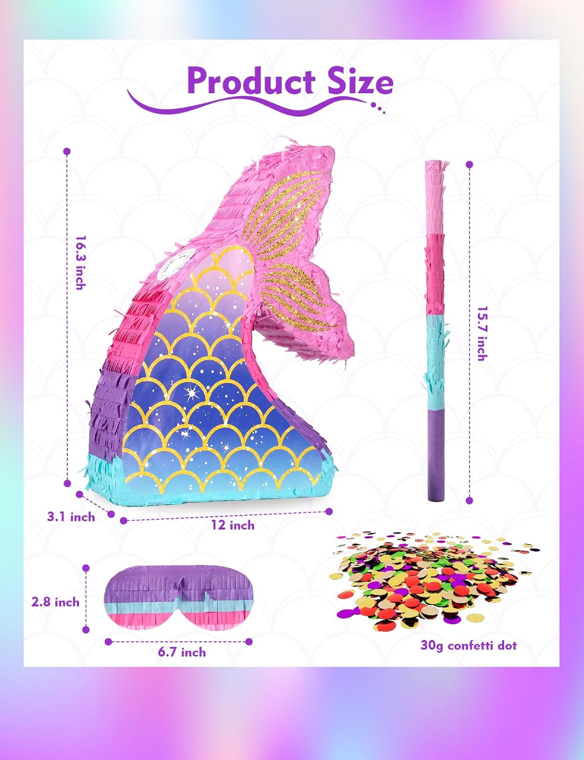 Unicorn Piñata for Birthday Party Girl, Princess Party Piñata with Wood Stick, Blindfold & Confetti, Rainbow Unicorn Birthday Decoration (15.6"x12.6"x3.1")