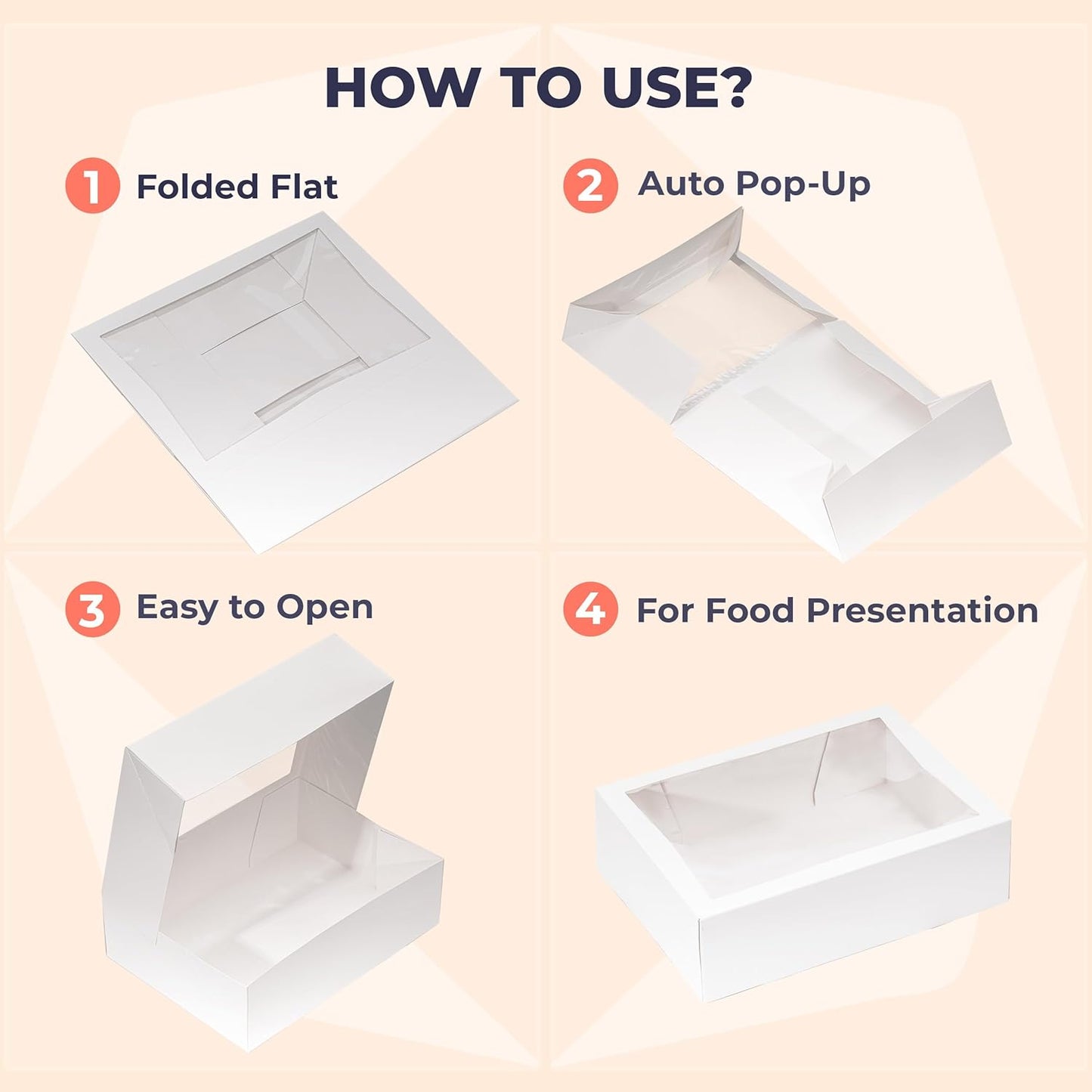 Fit Meal Prep 18 Pack 14 x 10 x 4 Inches White Bakery Boxes with Window, Auto-Popup Cardboard Gift Packaging and Baking Containers, Cupcake, Cookie and Loaf Bread Boxes