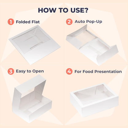 Fit Meal Prep 18 Pack 14 x 10 x 4 Inches White Bakery Boxes with Window, Auto-Popup Cardboard Gift Packaging and Baking Containers, Cupcake, Cookie and Loaf Bread Boxes