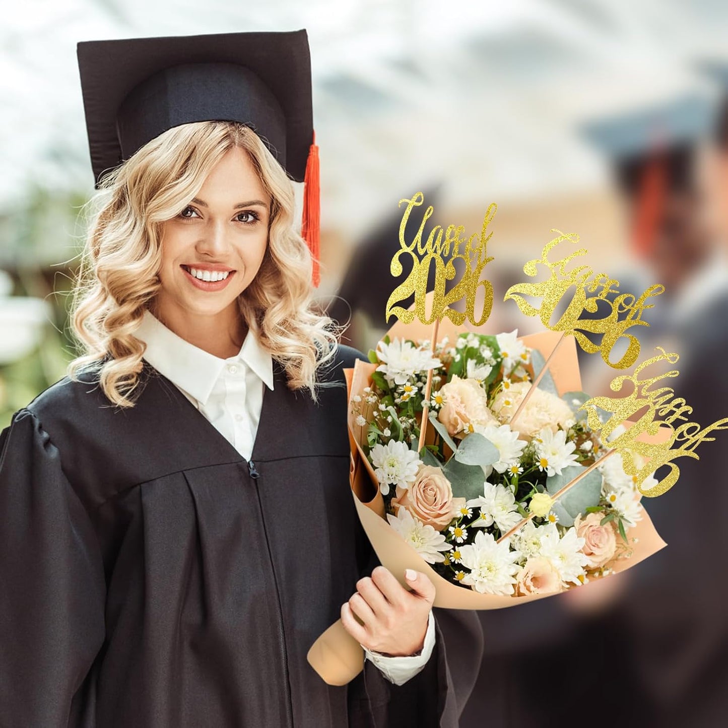 Ohuimrt Class of 2026 Graduation Decorations, 12 PCS Gold Graduation Centerpieces Sticks Double-Sided Table Toppers for Grad Party Decoration