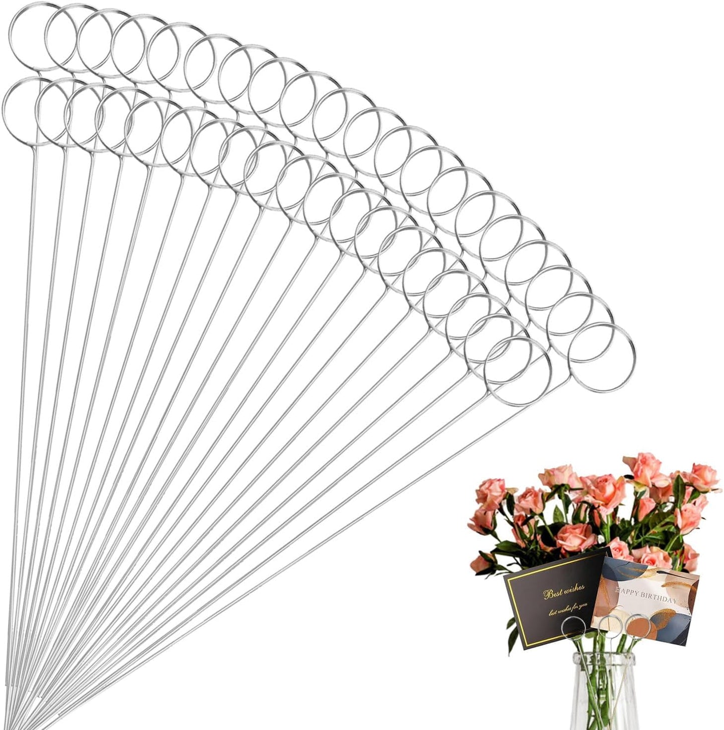30 Pcs Metal Wire Floral Picks 13 Inch Wire Place Card Holder, Metal Table Name Number Clips Picture Stand, Round Photo Memo Flower Card Holder for Wedding Party Birthday Cake (Silver Round)