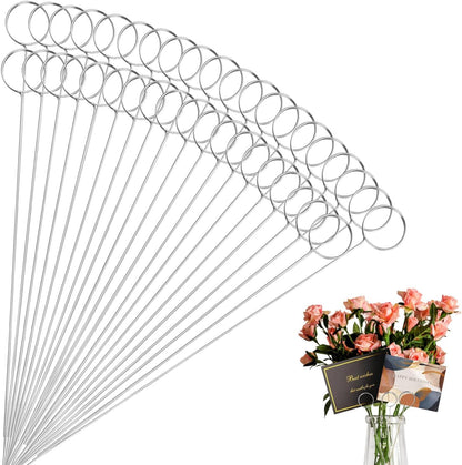 30 Pcs Metal Wire Floral Picks 13 Inch Wire Place Card Holder, Metal Table Name Number Clips Picture Stand, Round Photo Memo Flower Card Holder for Wedding Party Birthday Cake (Silver Round)