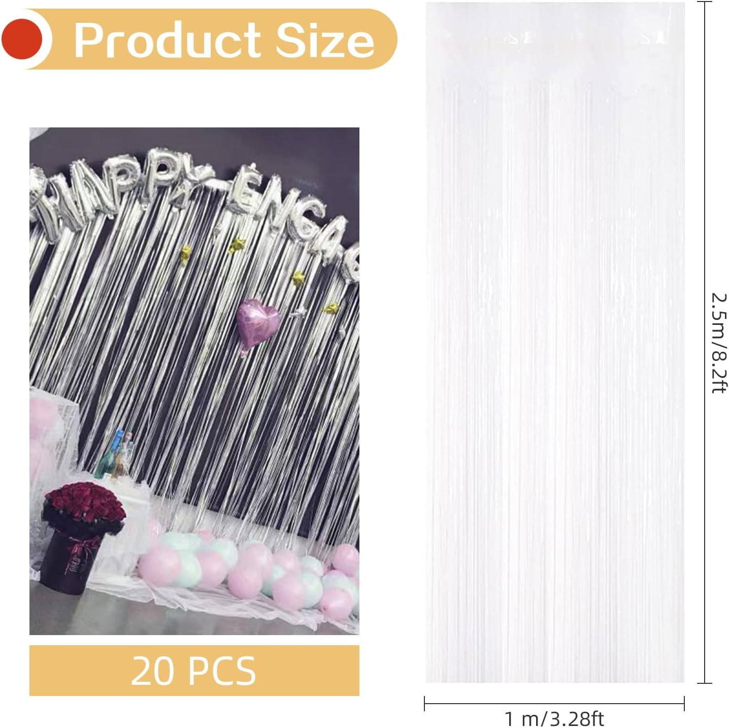 20 Pack Silver Foil Curtain Backdrop 3.2ft x 8.2ft Foil Fringe Backdrop Curtain Metallic Tinsel Foil Fringe Curtains Streamer Backdrop Curtains for Birthday Party Decorations Photo Booth (Silver)