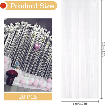 20 Pack Silver Foil Curtain Backdrop 3.2ft x 8.2ft Foil Fringe Backdrop Curtain Metallic Tinsel Foil Fringe Curtains Streamer Backdrop Curtains for Birthday Party Decorations Photo Booth (Silver)