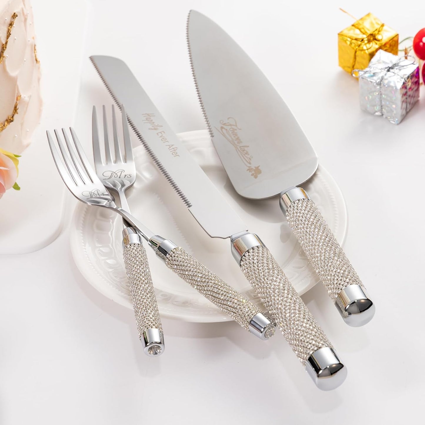 Wedding Cake Cutting Set, Wedding Cake Knife and Server Set with Fork for Mr Mrs for Anniversary Engagement Birthday