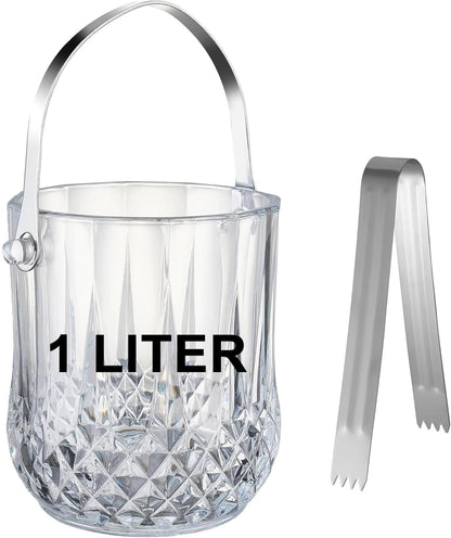 Glass Ice Bucket with Handle and Stainless Steel Tongs - Glass Ice Buckets for Party,Wine, Beer, Champagne, Cocktail Bar, Mini & Portable, 1000ml