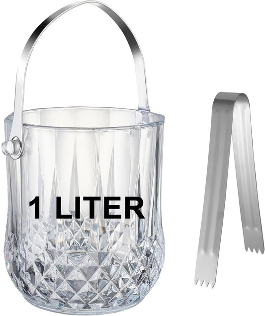 Glass Ice Bucket with Handle and Stainless Steel Tongs - Glass Ice Buckets for Party,Wine, Beer, Champagne, Cocktail Bar, Mini & Portable, 1000ml