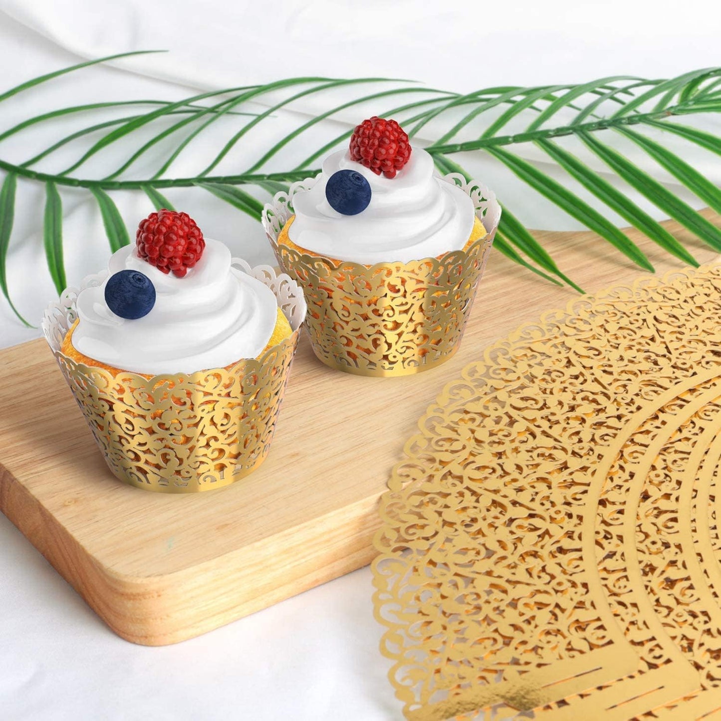50 Pcs White Pearl Lace Laser Cut Filigree Wedding Cupcake Wrapper Baking Cake Cups Wraps Cupcake Muffin Case Trays for Special Occasions
