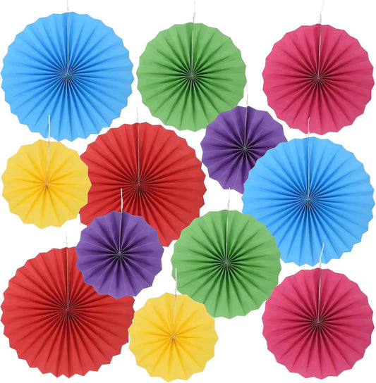 12PCS Colorful Hanging Paper Fans Decoration Round Pattern Fan Garlands Paper Fan Party Decorations for Birthday Wedding Baby Shower Graduation Events Accessories
