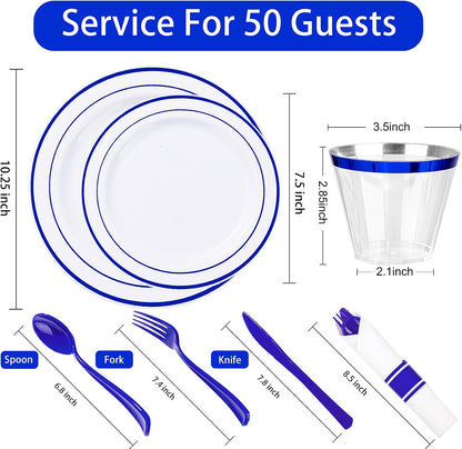 WELLIFE 350-Piece Gold Disposable Plates and Cutlery Set - Premium 10.25" Dinner Plates, 7.5" Dessert Plates, 9oz Cups & Cutlery for Weddings, Catering Events - 50 Guest Service - Elegant & Sturdy