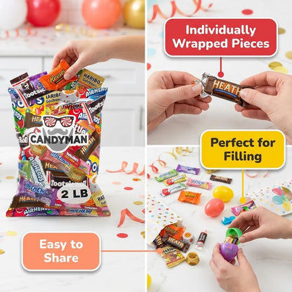 CANDYMAN Bulk Candy Variety Pack - 80+ Pieces, 2 LB Individually Wrapped Chocolate & Candy Mix, Father's Day, Fillers, Piñata Stuffers, Party Favors, Goodie Bags, Father's Day, Ship with Ice