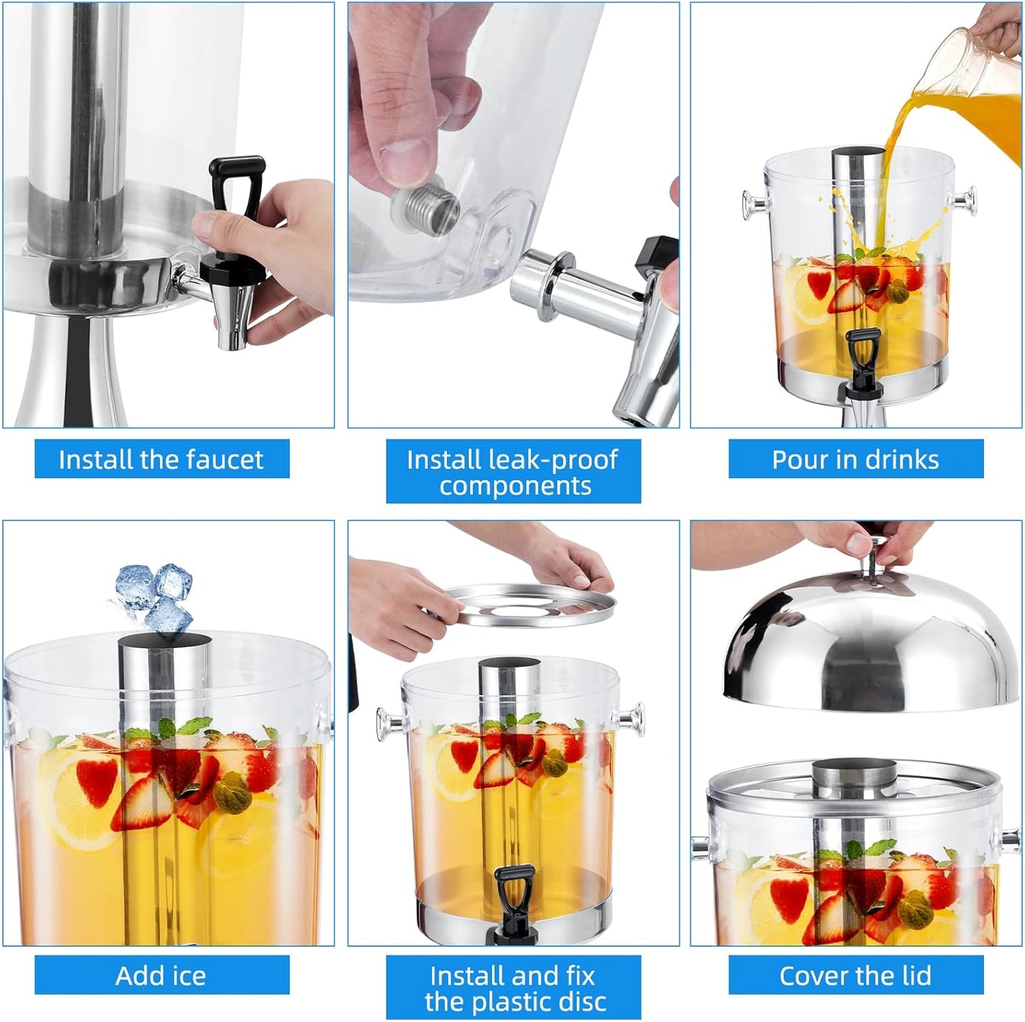 Commercial-Grade Drink Dispenser, Stainless Steel Beverage Dispenser with Ice Core, Stand & Spigot for Catering Events & Weddings