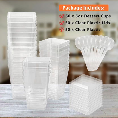 5-ounce transparent square dessert Cups (50 dessert Cups+50 Spoons)