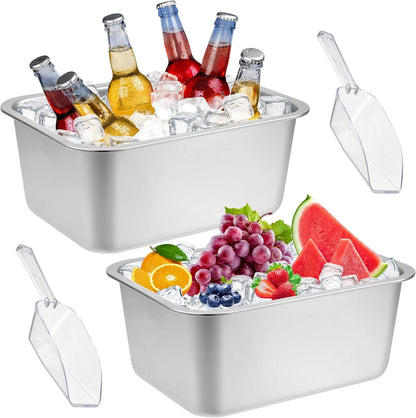 Large Strainless Steel Beverage Tub, Ice Buckets for Parties, Beer Ice Bucket Drink Cooler, Metal Wine Beer Champagne Bucket Drink Chiller, Rectangular Ice Storage Tub Ice Cube Bin for Freezer (2 Pcs)