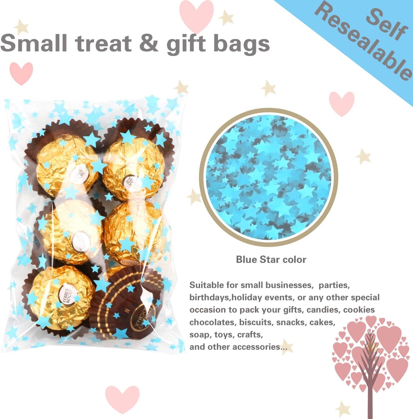 100 Pcs Star Printed 5"X 7" Gift Wrap Cello Cellophane Treat Bags Party Favor bags Clear Candy Cookie Bag Plastic Poly Goodie Storage Bag with Twist Ties for Bakery,Birthday, Wedding ,Party Decorations (Gold)