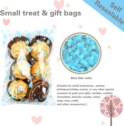 100 Pcs Star Printed 5"X 7" Gift Wrap Cello Cellophane Treat Bags Party Favor bags Clear Candy Cookie Bag Plastic Poly Goodie Storage Bag with Twist Ties for Bakery,Birthday, Wedding ,Party Decorations (Gold)