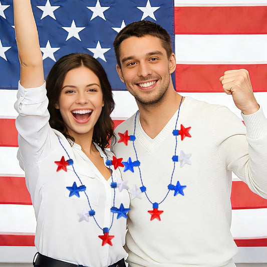 NOVWANG 4th of July Glow Necklaces, 4 Pack Patriotic Light Up Star Necklaces Red White Blue Star Accessories for Memorial Day Independence Day Party Favors Fireworks Parades