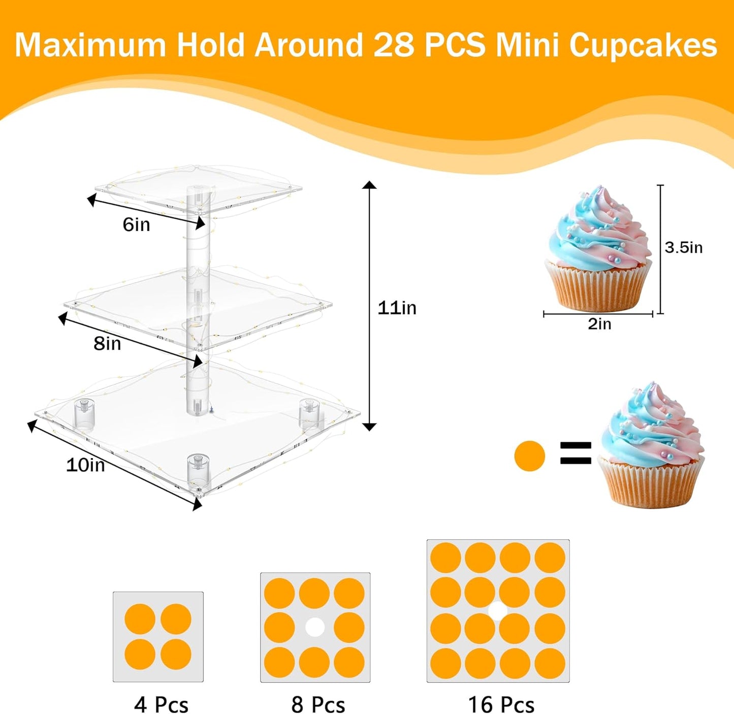 YestBuy Cupcake Stand with Yellow Led Lights, 4 Tier Cupcake Stand for 50 Cupcakes, Acrylic Cupcake Tower Stand, Clear Tiered Cupcake Holder for Birthday Cady Bar Décor Weddings, Parties Events