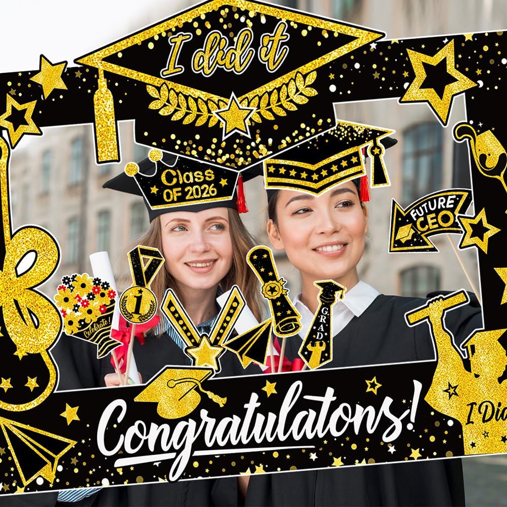 31 Pcs Graduation Photo Booth Props with Paper Big Frame 2026 Grad Party Supplies Gold Black Selfie Photo Props Funny Selfie Photos Frame Graduation Party Photography Decoration
