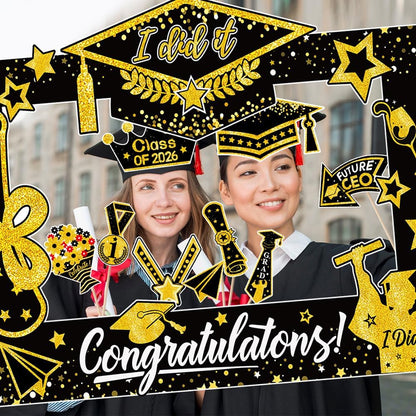 31 Pcs Graduation Photo Booth Props with Paper Big Frame 2026 Grad Party Supplies Gold Black Selfie Photo Props Funny Selfie Photos Frame Graduation Party Photography Decoration