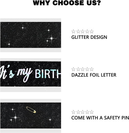 Vuzvuv It's My Birthday Birthday Sash, Glitter Birthday Sash with Foil Letters Birthday Party Decor for Women, Girls