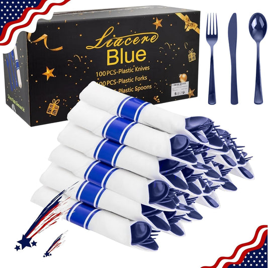 Liacere 100 Pack Silver Plastic Silverware-Pre Wrapped cutlery and Napkin-Pre Rolled Silverware Disposable 100 Forks, 100 Knives 100 Spoons, 100 Napkins Plastic Utensils＆Wedding