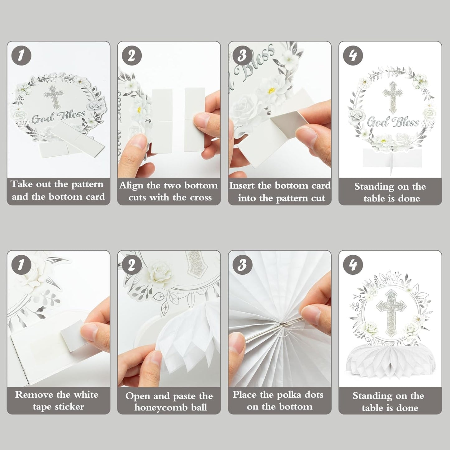 ANGOLIO Baptism Centerpieces Table Decorations - 12Pcs God Bless White Sliver Floral Honeycomb Centerpieces Party Supplies Cross Religious Table Toppers for Bible Baby Shower Birthday Party Favors