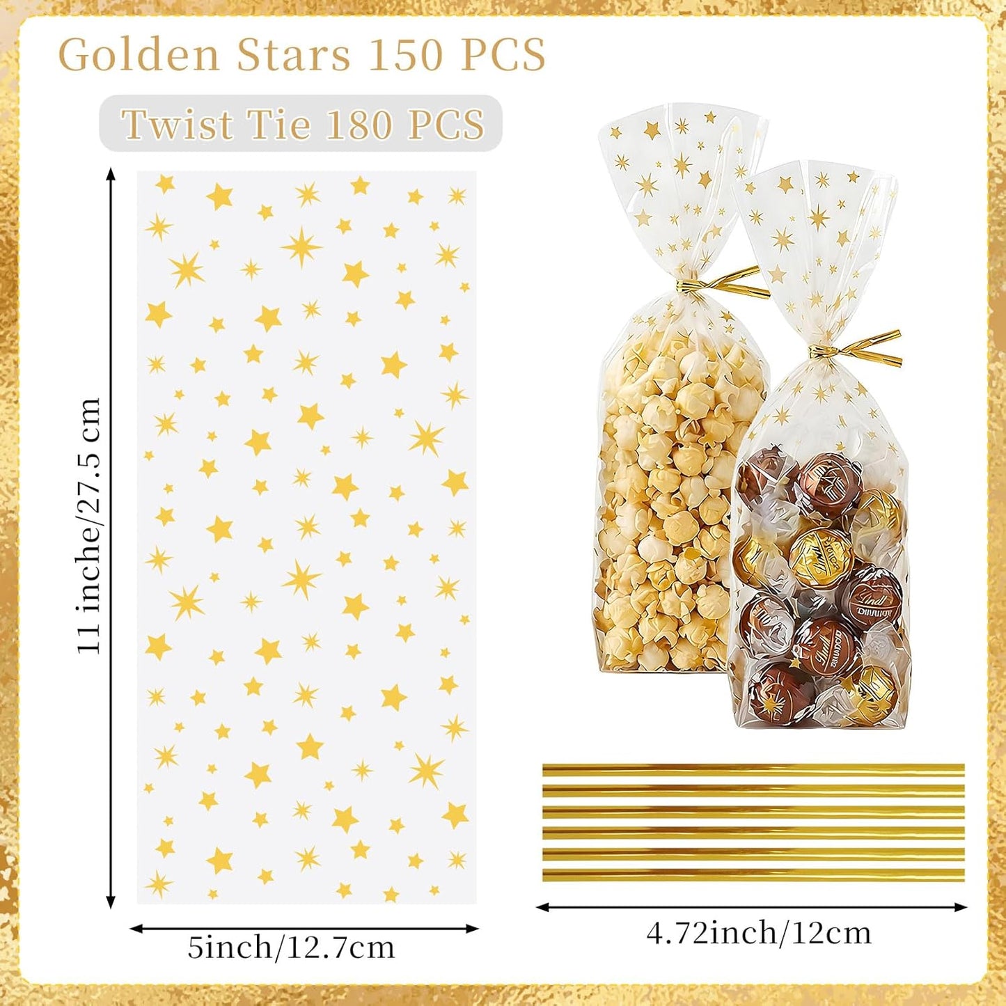 CCINEE 150 Pcs Cellophane Treat Bags, 5 X 11 Inches Gold Star Print Clear Gift Wrap Candy Bags Goodie Bags with Twist Ties for Wedding, Birthday Party Favors, Bakery, and Gift Packaging