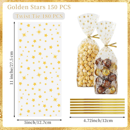 CCINEE 150 Pcs Cellophane Treat Bags, 5 X 11 Inches Gold Star Print Clear Gift Wrap Candy Bags Goodie Bags with Twist Ties for Wedding, Birthday Party Favors, Bakery, and Gift Packaging