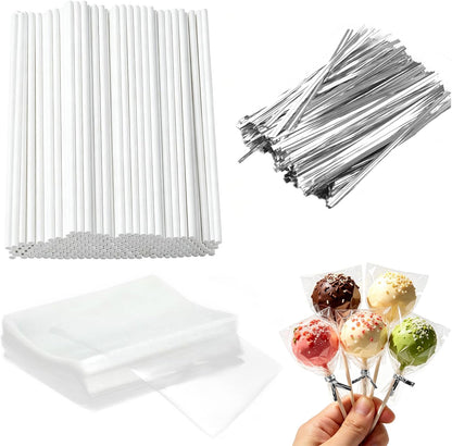 Basquei Cake Pop Sticks 6 Inches, Cake Pop Bags (3.9"X4.7"), Pink Metallic Twist Ties, 300 Pcs Cake Pop Kit Used for, Lollipops Cake, Candies, Chocolates Making Tools