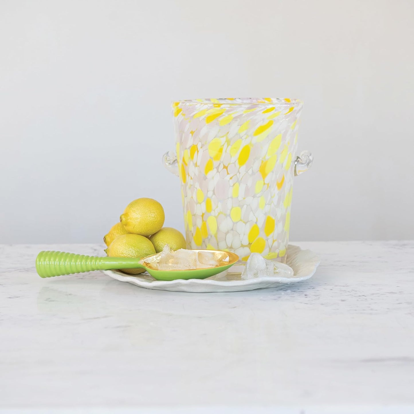 Creative Co-Op 32-Ounce Confetti Glass Ice Bucket with Handles, Yellow and Green