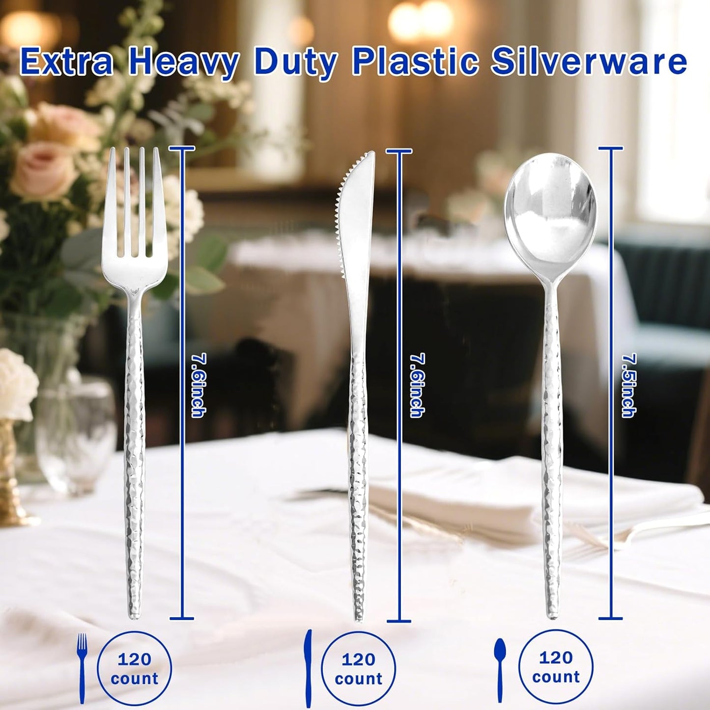 Supernal 360pcs Silver Plastic Cutlery,Elegant Plastic Silverware,Silver Hammed Silverware,Disposable Flatware,Include 120 Forks,120 Knvies,120 Spoons,Perfect for Birthday,Party,Wedding