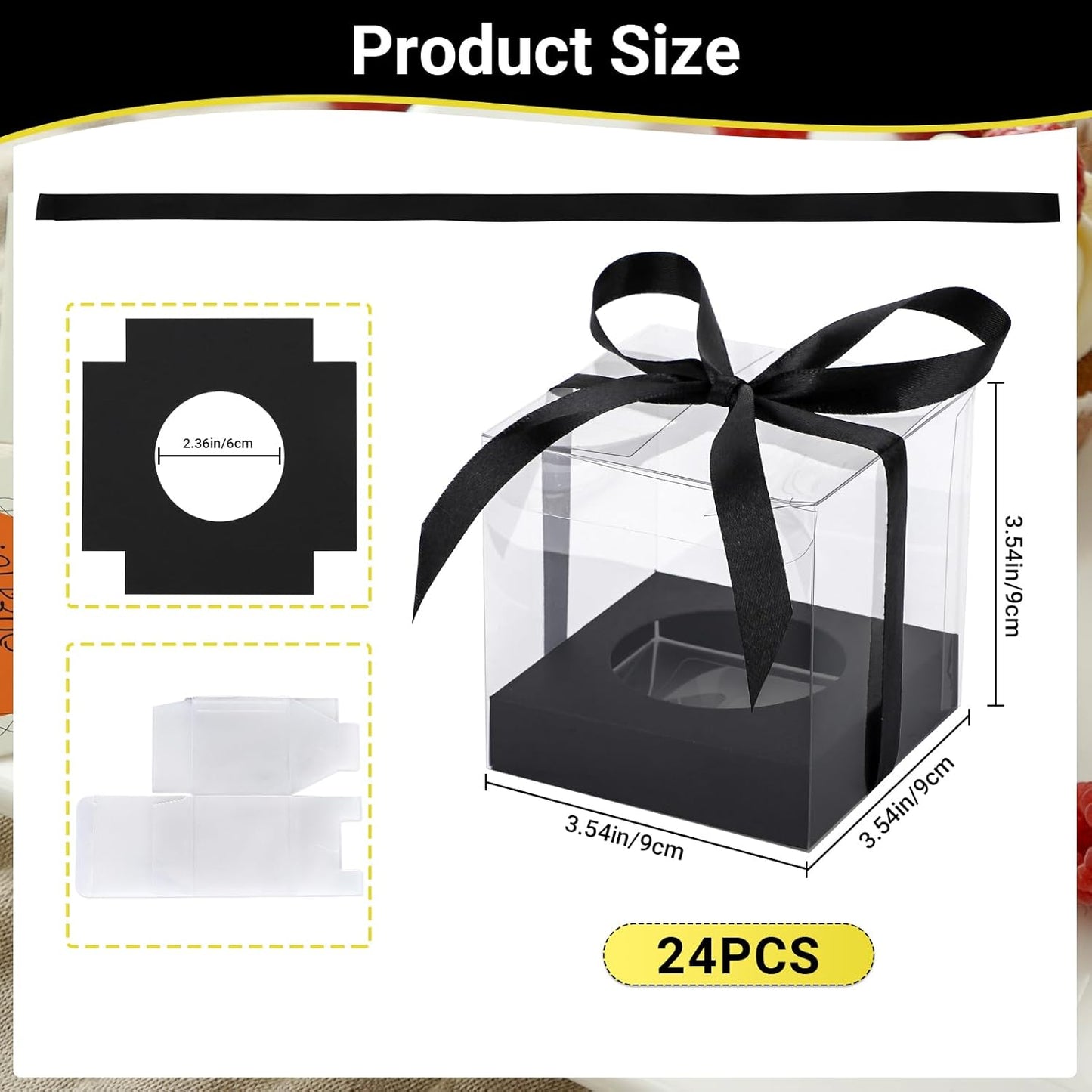 EUSOAR Individual Cupcake Holder, 50pcs 3.5 Inch Plastic Black Cupcake Containers with Lids, Single Transparent Display Clear Cupcake Carrier with Ribbon and Inserts for Wedding Party Favor