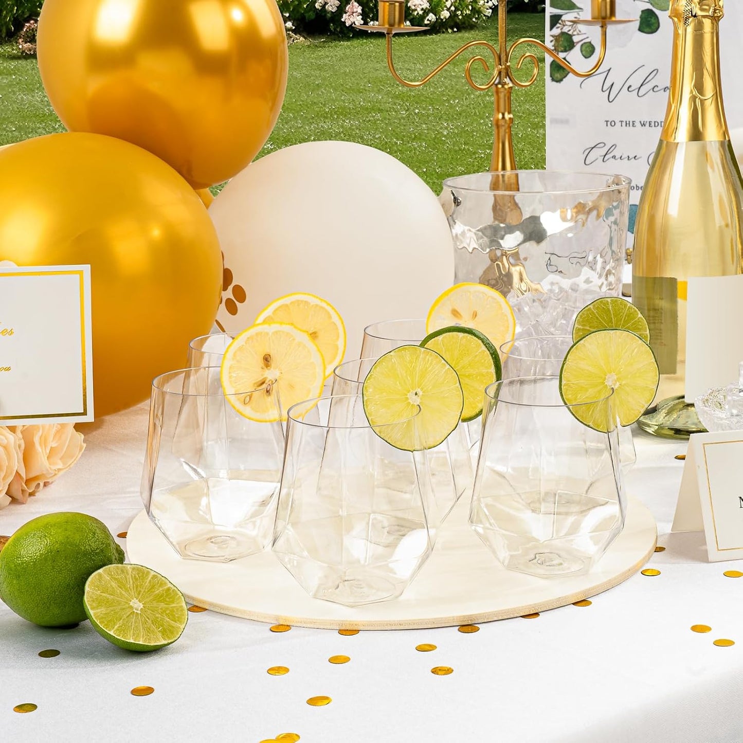 Goodluck 40 PCS Diamond Stemless Plastic Wine Whiskey Glasses, 12 Oz Disposable Cocktail Glasses, Suitable for Weddings, Birthday Parties, Family Gatherings, Bars, etc （Gold rimmed cups）