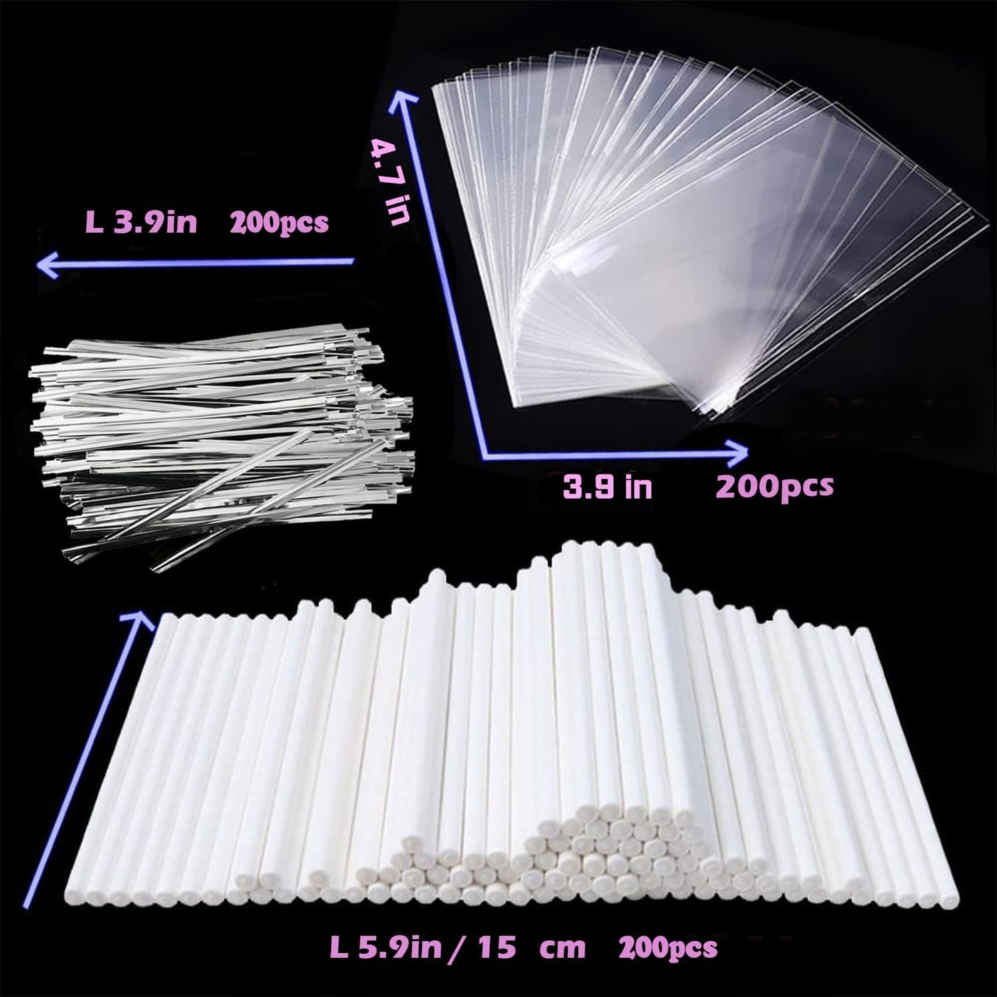 Basquei Cake Pop Sticks 6 Inches, Cake Pop Bags (3.9"X4.7"), Pink Metallic Twist Ties, 300 Pcs Cake Pop Kit Used for, Lollipops Cake, Candies, Chocolates Making Tools