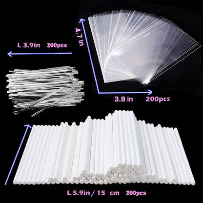 Basquei Cake Pop Sticks 6 Inches, Cake Pop Bags (3.9"X4.7"), Pink Metallic Twist Ties, 300 Pcs Cake Pop Kit Used for, Lollipops Cake, Candies, Chocolates Making Tools