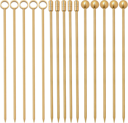 I-MART 15 Pack Stainless Steel Cocktail Picks Martini Olive Skewers, Reusable Metal Garnish Sticks for Drinks, Appetizers, Bloody Mary, Olives, Citrus, Fruit Decor (Gold, 4.25 Inch)