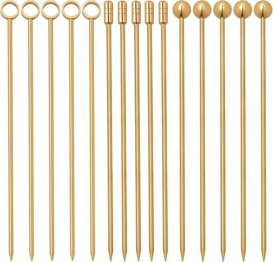 I-MART 15 Pack Stainless Steel Cocktail Picks Martini Olive Skewers, Reusable Metal Garnish Sticks for Drinks, Appetizers, Bloody Mary, Olives, Citrus, Fruit Decor (Gold, 4.25 Inch)