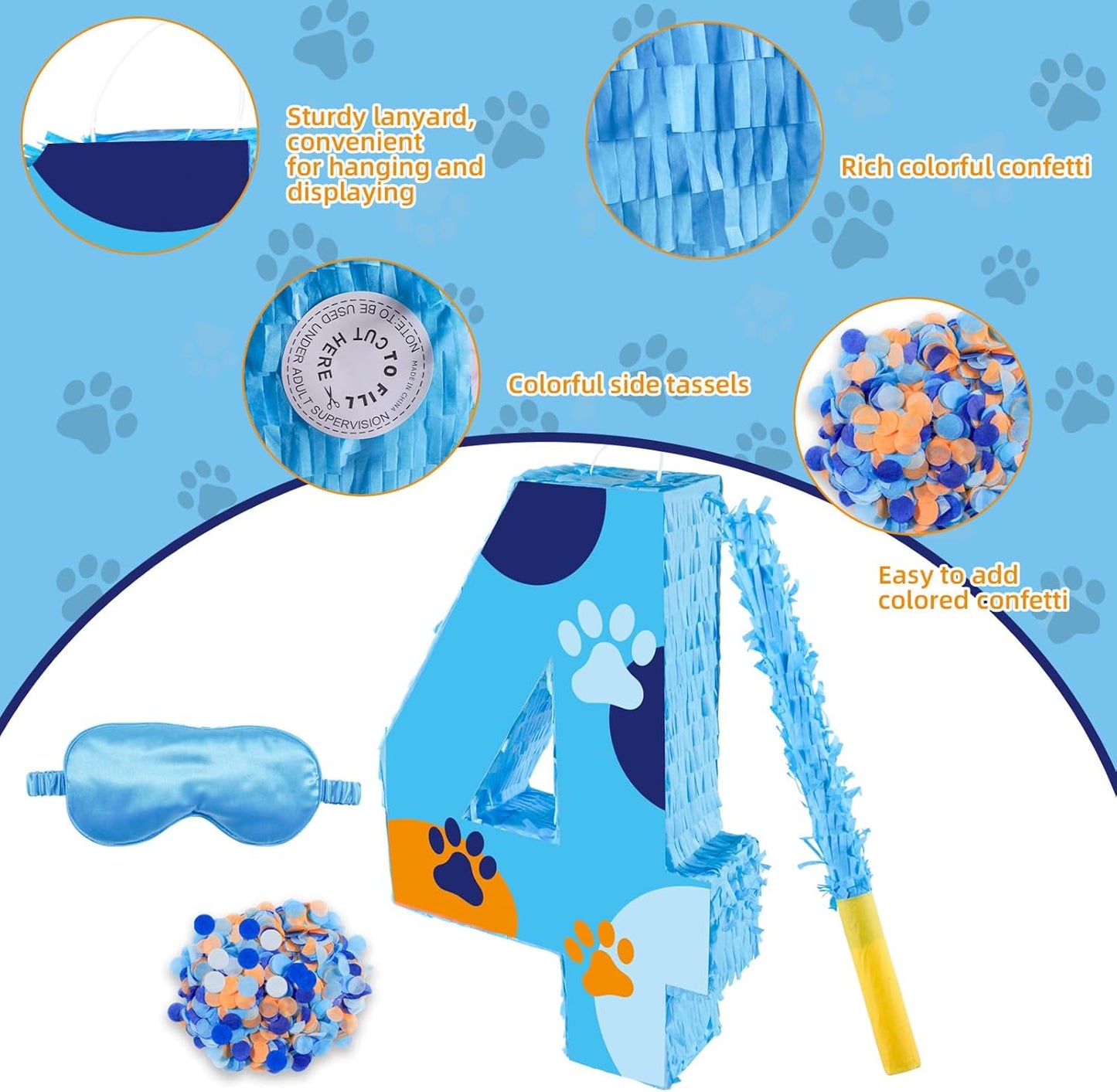 16 Inch Number 2 Dog Paw Pinata with 16 Inch Piñata Stick Blindfold Confetti for Boy Girl Kids 2nd Birthday Party Decorations (2nd)