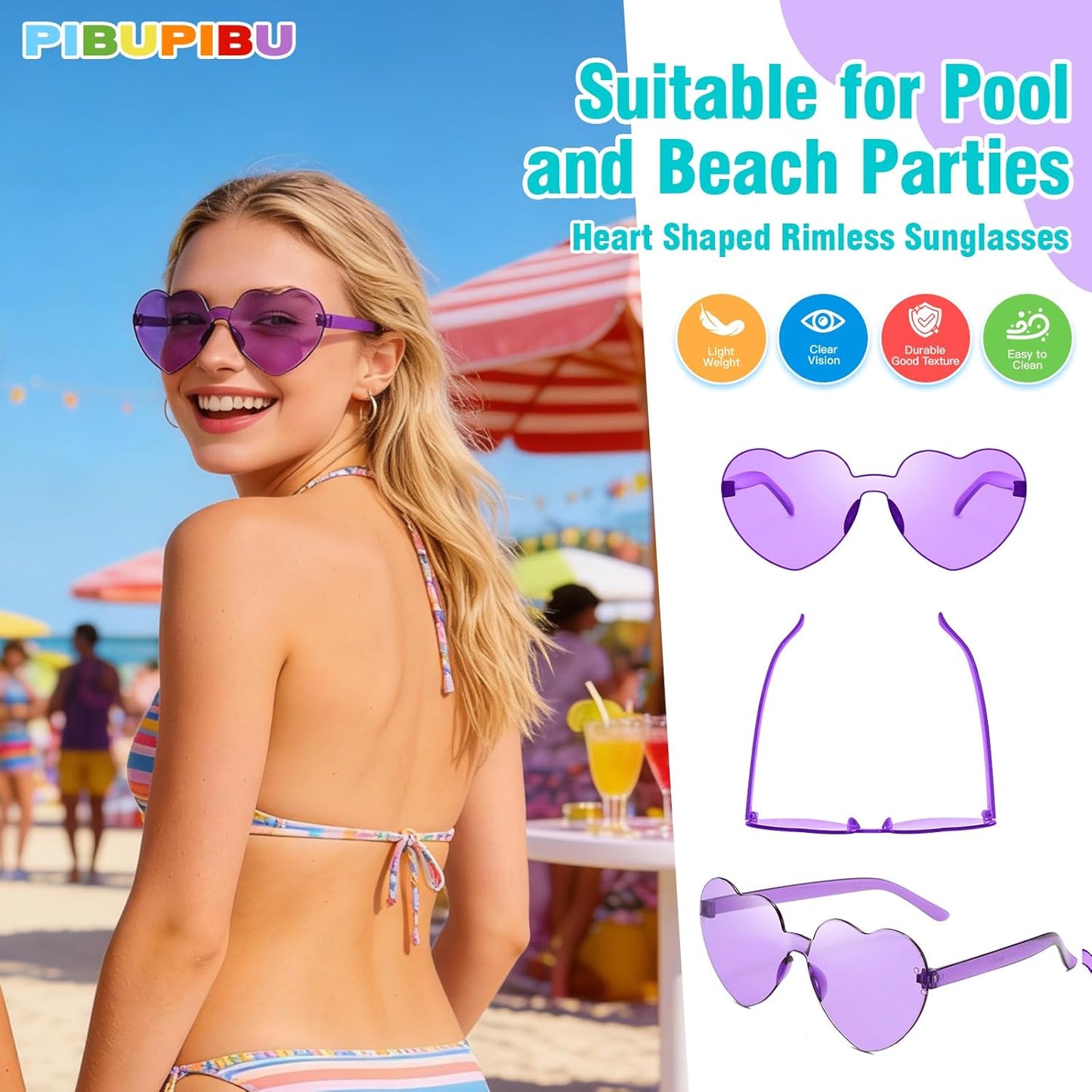 Pibupibu 12 Pack Heart Shaped Sunglasses for Women Colorful Rimless Sunglasses Transparent Bachelorette Party Favors