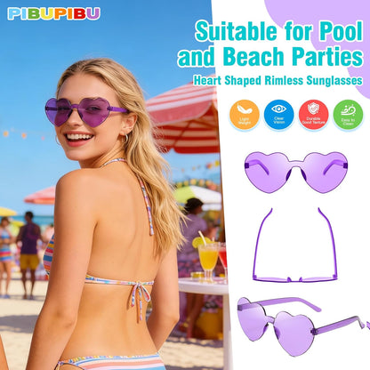 Pibupibu 12 Pack Heart Shaped Sunglasses for Women Colorful Rimless Sunglasses Transparent Bachelorette Party Favors
