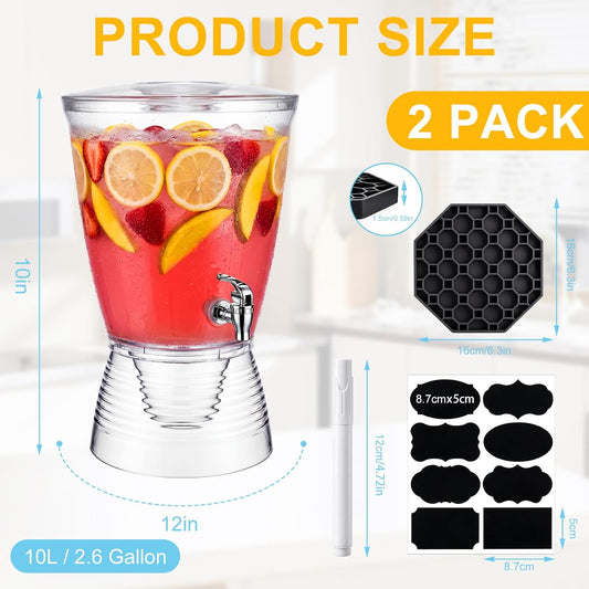 Nuenen 2 Sets of 2.6 Gallon Beverage Dispensers for Parties, Clear Plastic Drink Juice Dispensers with Spigot and Drip Tray Beverage Water Fountains for Wedding Birthday Party Cold Hot Drinks