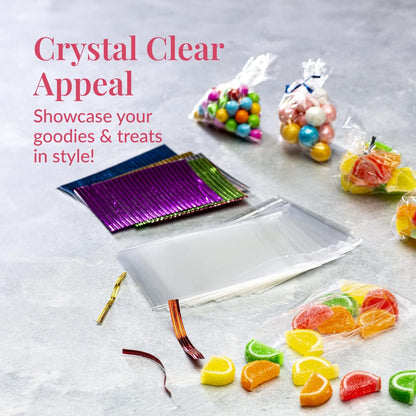 Prestee 200 Pack Clear Cellophane Bags for Favors - Transparent Goodie Bags for Birthday Party, 6x10 Inch Clear Bag with 4-Inch Twist Ties - Candy, Treat, Cookie Bag for Gift Giving
