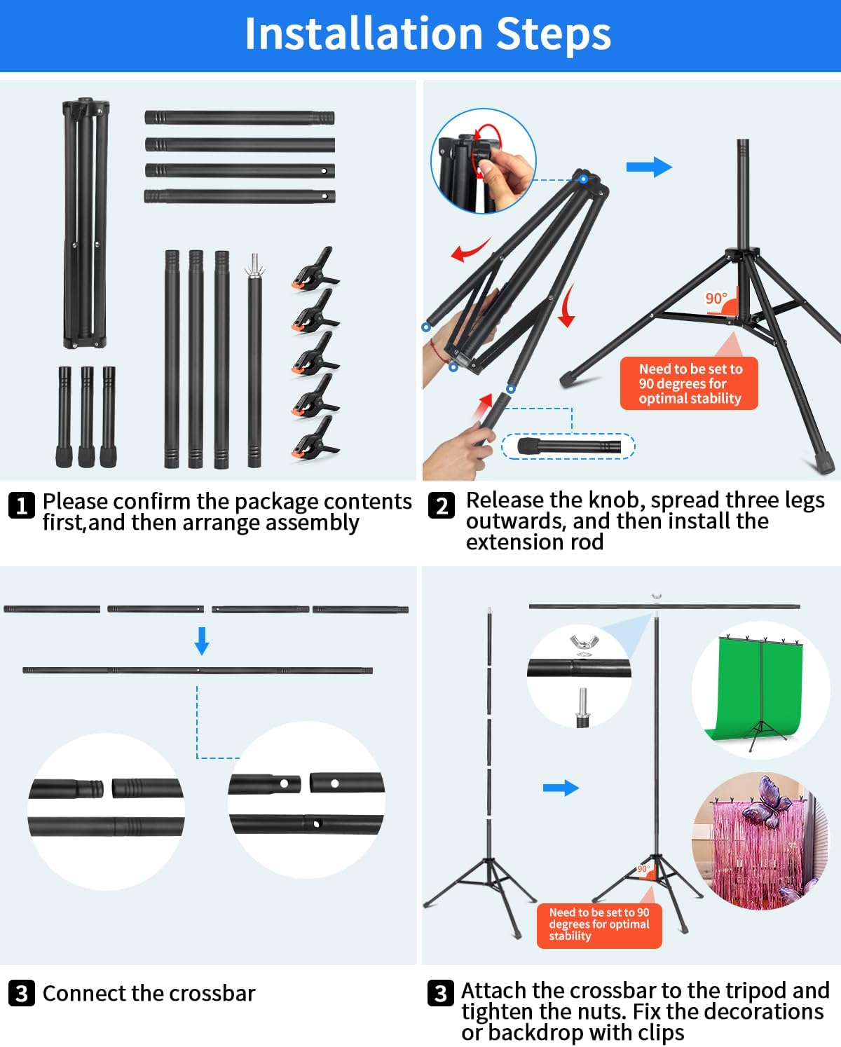 HEMMOTOP T Shape Backdrop Stand, 8x6.8ft(HxW) Portable Photo Background Stand Kit for Parties, Green Screen Stand Only with 5 Spring Clamps and Carrying Case, Banner Holder for Photoshoot, Photography
