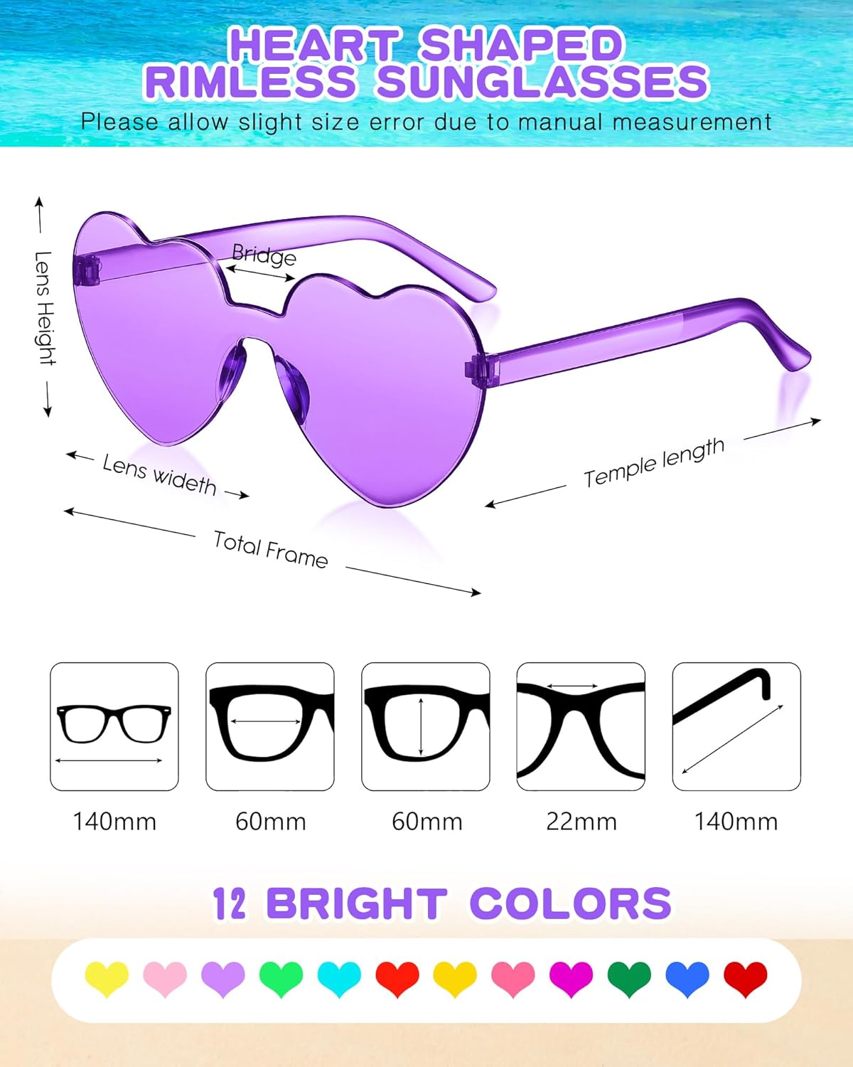 Photect 12 Pair Heart Shaped Sunglasses Neon Color Transparent Heart Glasses for Women Party Favor