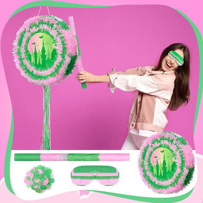 Soulchen Witch Piñata 14.2'' Pink and Green Piñata Game Set with Stick and Blindfold Princess and Witch Party Favor Pink and Green Party Decor for Birthday Quinceañera Baby Shower Movie Supplies