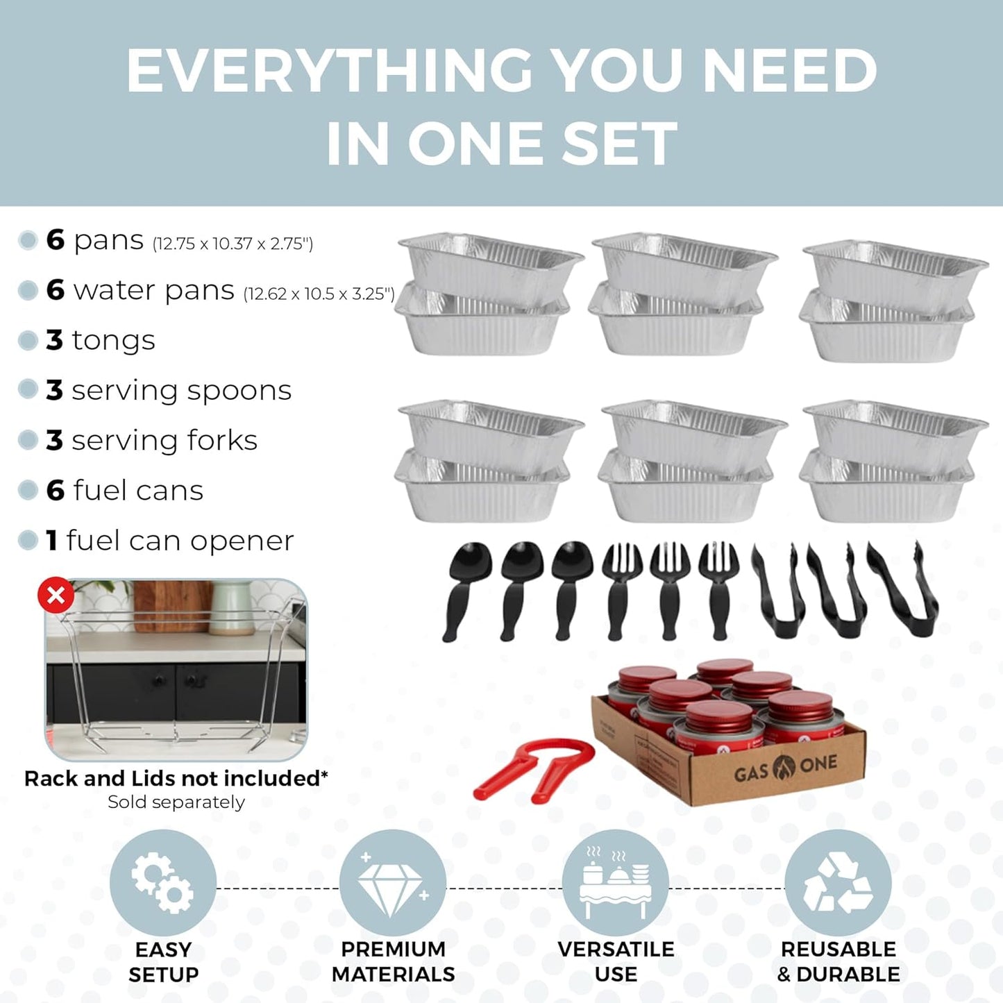 Alpha Living 6 Pack - Disposable Chafing Dish Buffet Set, Half Size Pans, Welded Body Food Warmers for Parties, Fuel Cans Complete Set, Warming Trays