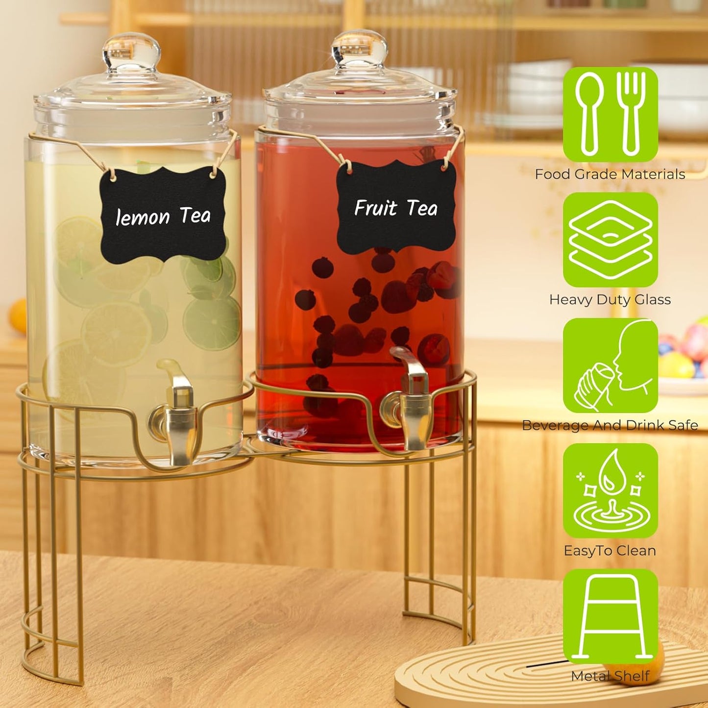 Glass Drink Dispensers For Parties, 2 PACK 1 Gallon Beverage Dispenser With Wooden Lids, Metal Stand And Spigot 100% Leak proof. Lemonade Dispenser With Chalk board