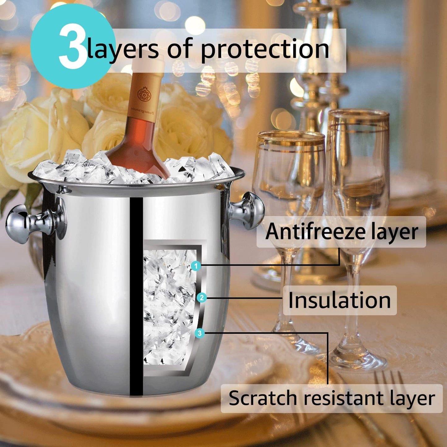 Ice Buckets - Champagne Ice Bucket with Tongs, Golden Trumpet Ice Bucket Stainless Steel Mirror Reflection Wine Cooler for Cocktail Bar Beer Red Wine Liquor Beverages Party,Ice Frozen Longer, 2.5L